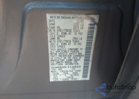 2006 Nissan Xterra S из США, поврежденный, VIN 5N1AN08UX6C514860